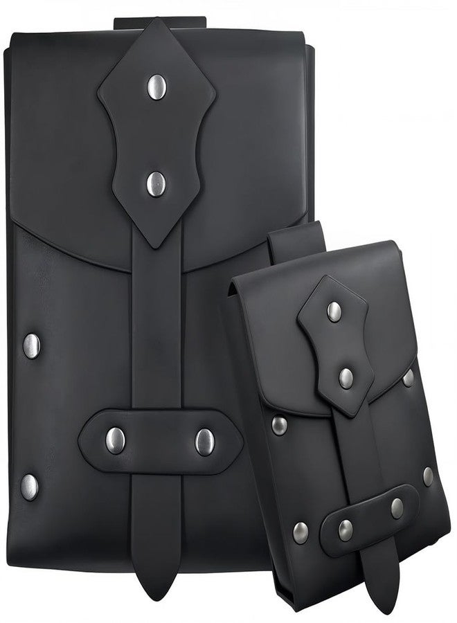 CALFOVERA 2PCS Medieval PU Leather Studded Belt Pouch Retro Renaissance Waist Bag Portable Viking Rivet Side Pack Adjustable Waist Pouch for Halloween Costume Cosplay LARP Events(Black) - Image 1